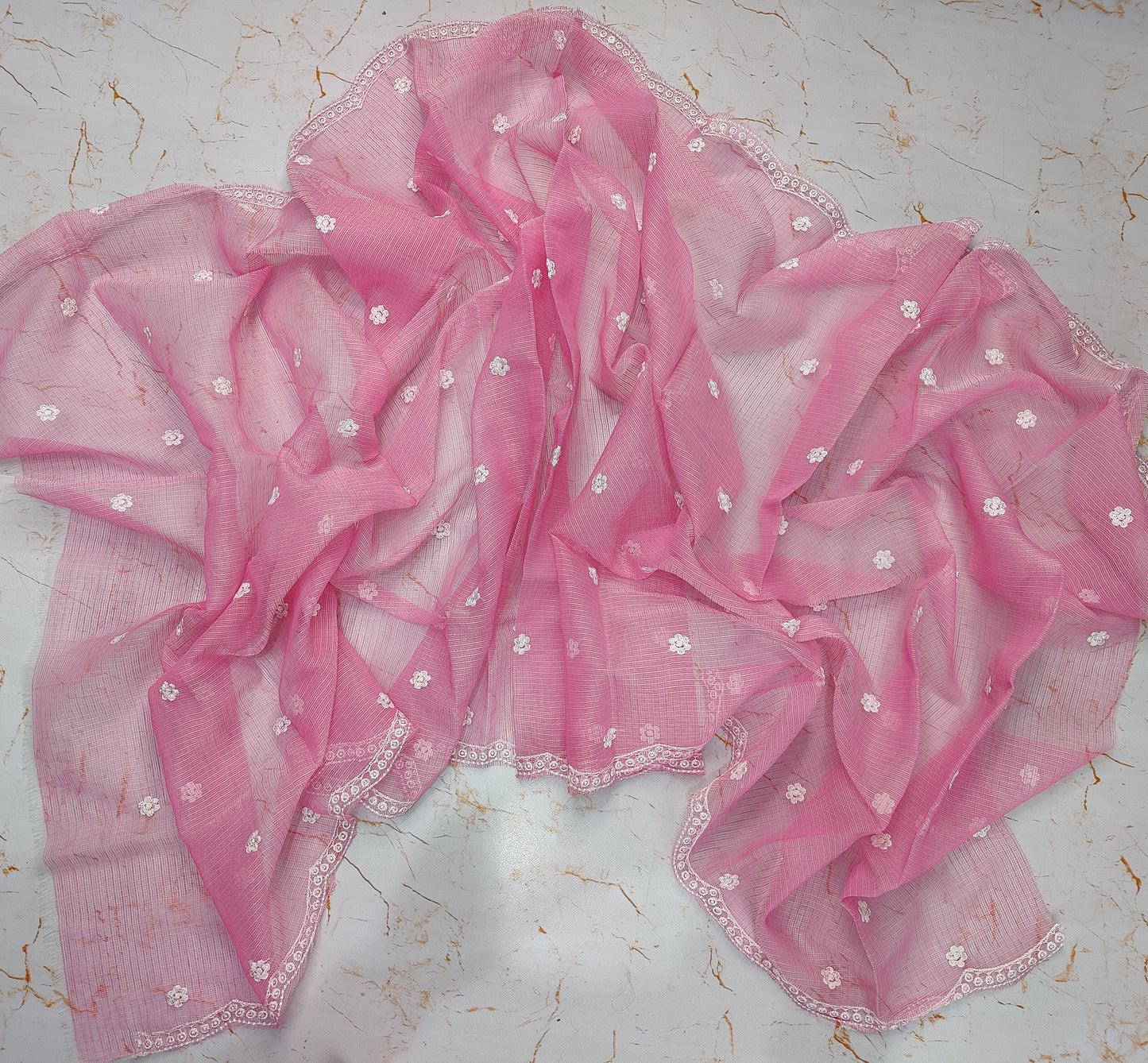 Pink Base White Thread Kota Doria Embroidery Dupatta