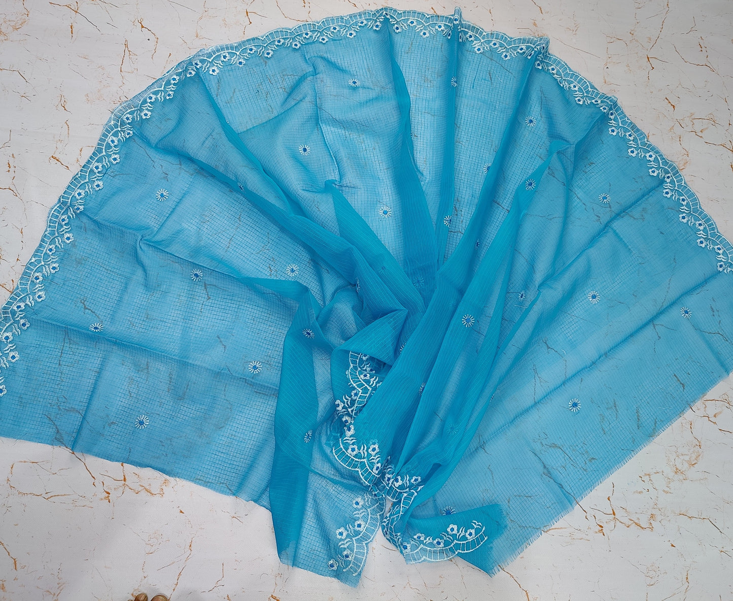 Sky Blue Base White Thread Kota Doria Embroidery Dupatta