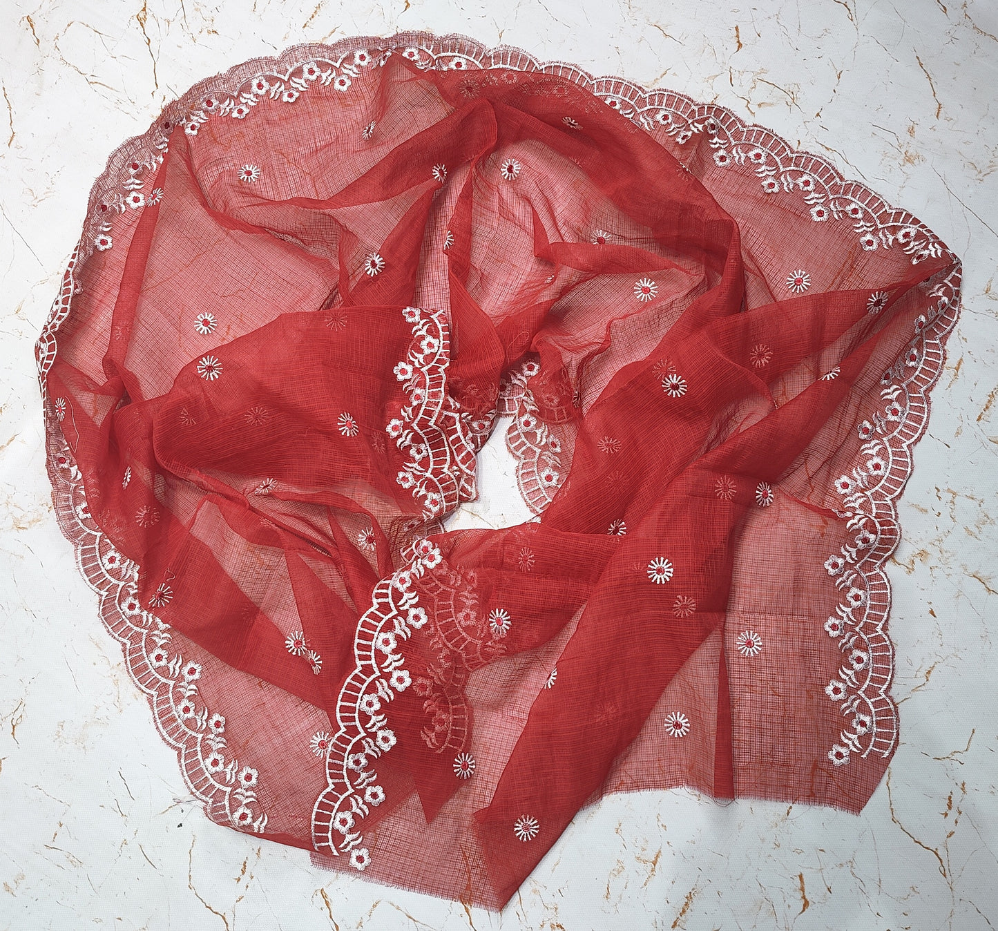 Red Base White Thread Kota Doria Embroidery Dupatta