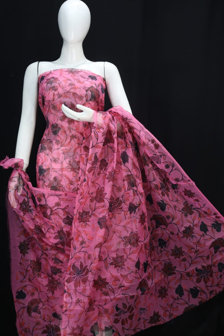 Pink Base Cluster Flower Printed Kota Doria Suit