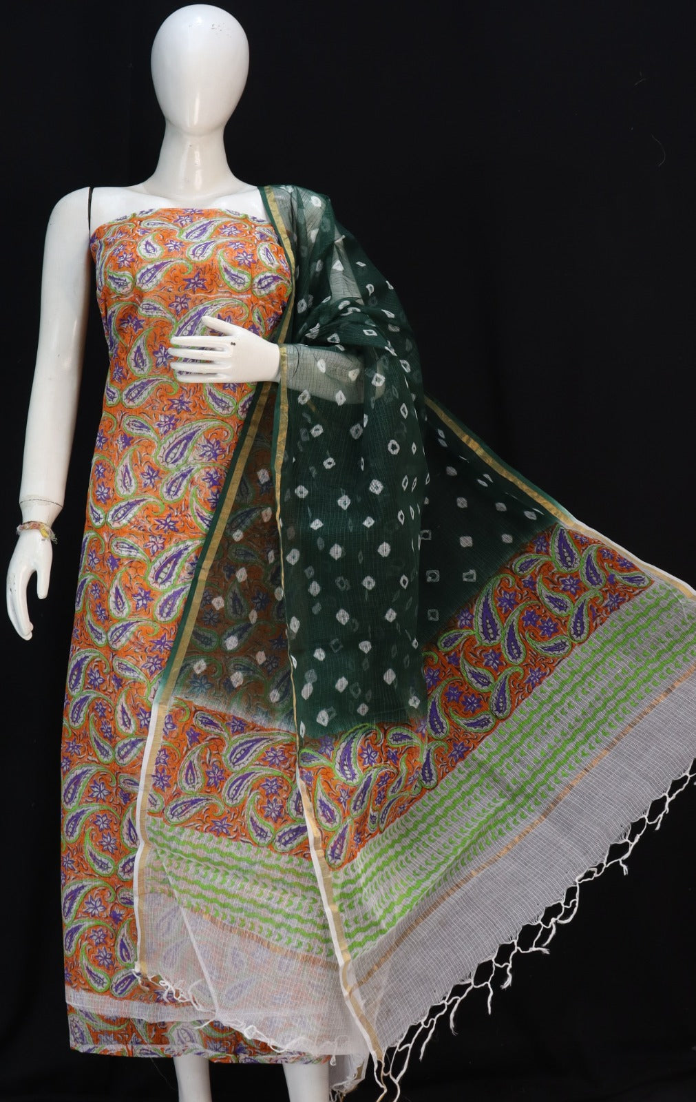 White base with Colored Designer Mehndi  Handblock Printed Cotton Kota Doria un-stitched Suit With Dupatta main image 0