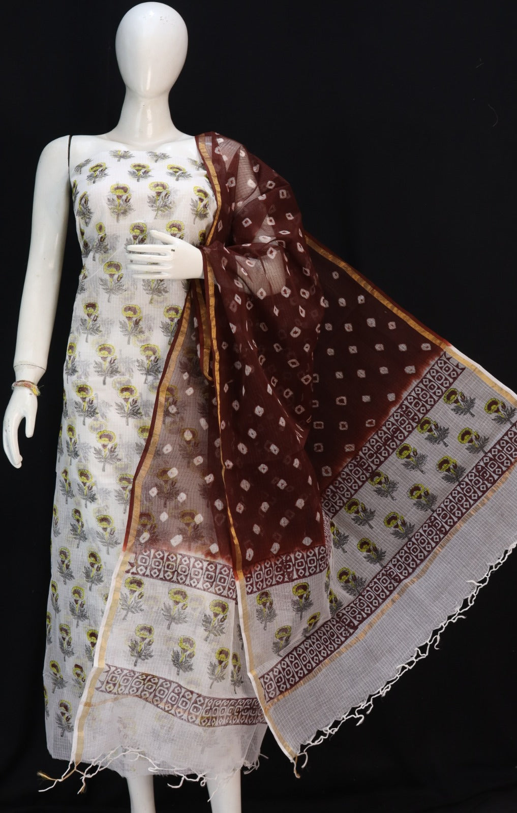 Yellow base overall Floral Designer Handblock Printed Cotton Kota Doria un-stitched Suit With Dupatta main image 0