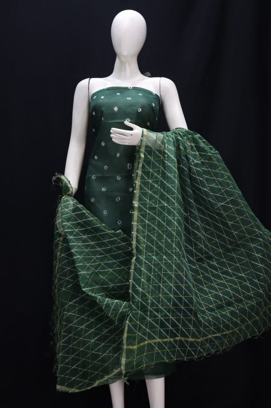 Green Dyed Pure Kota Doria Cotton Un-Stitched Suit With Dupatta