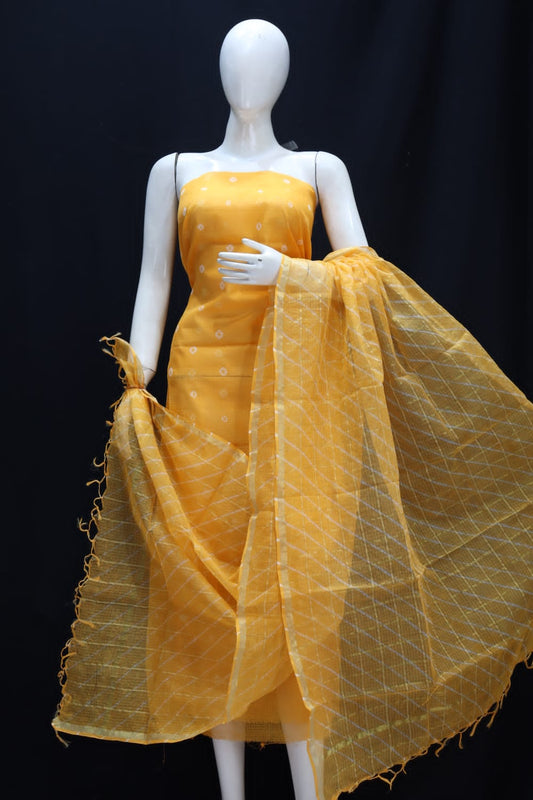 Yellow Dyed Pure Kota Doria Cotton Un-Stitched Suit With Dupatta