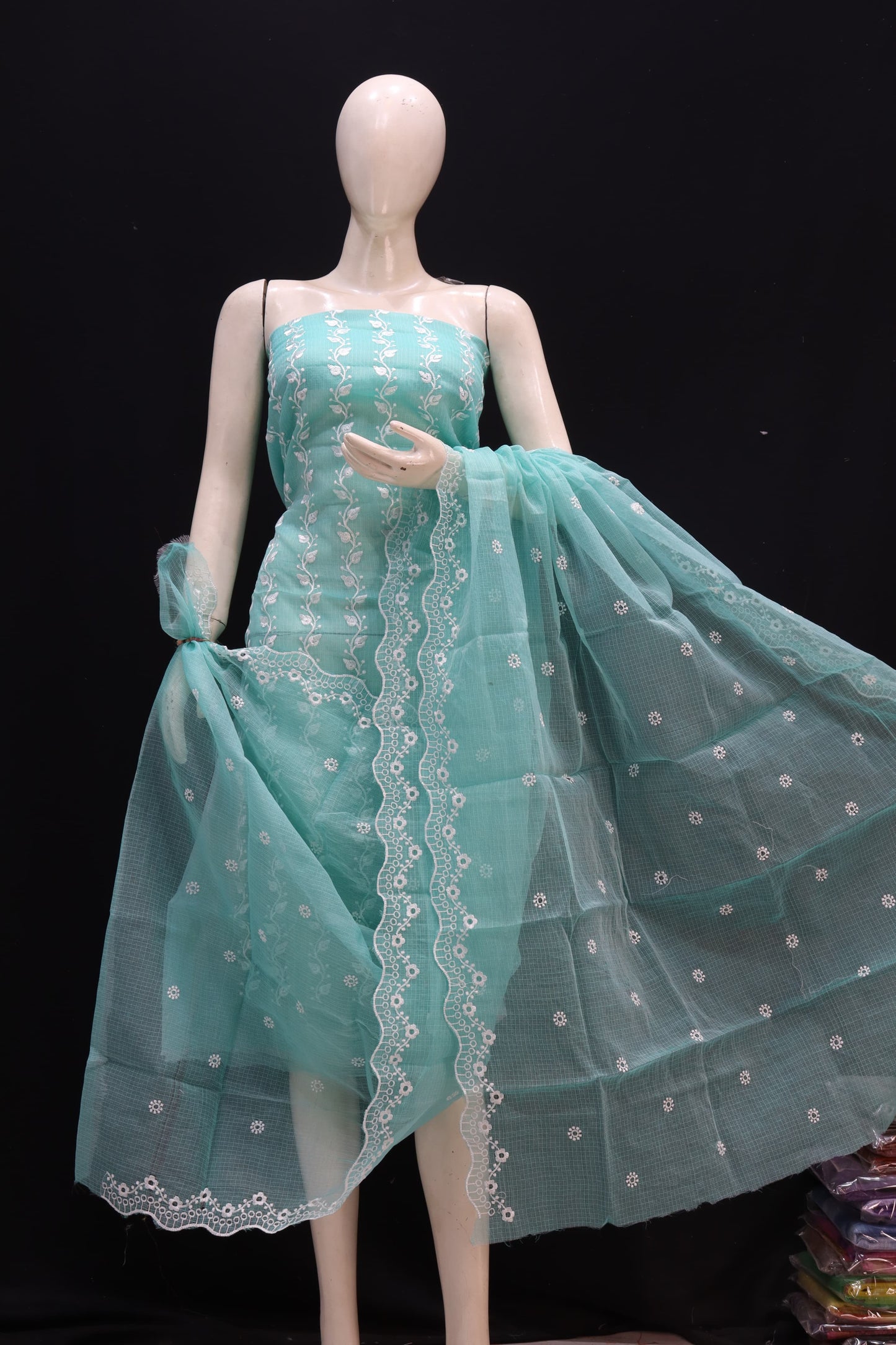 Sea Green Base White Bell Chikankari Embroidery Kota Doria Dress Material