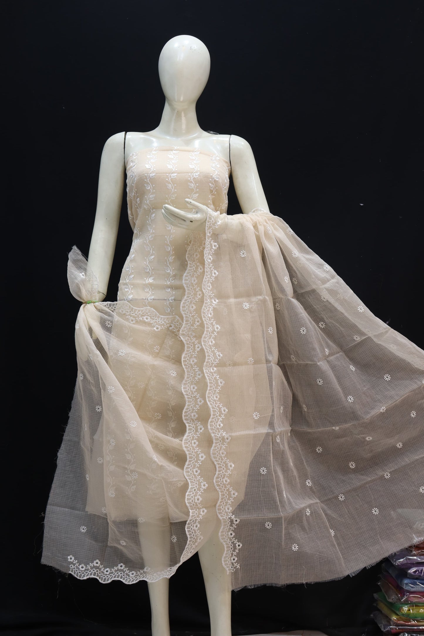 Skin Base White Bell Chikankari Embroidery Kota Doria Dress Material