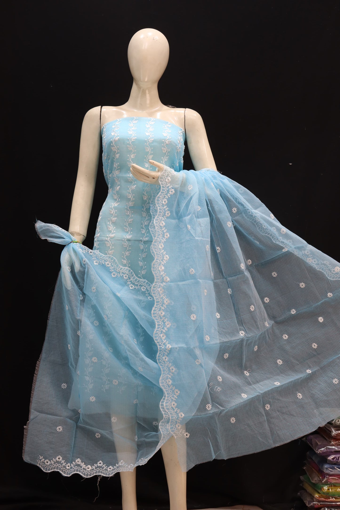 Blue Base White Bell Chikankari Embroidery Kota Doria Dress Material