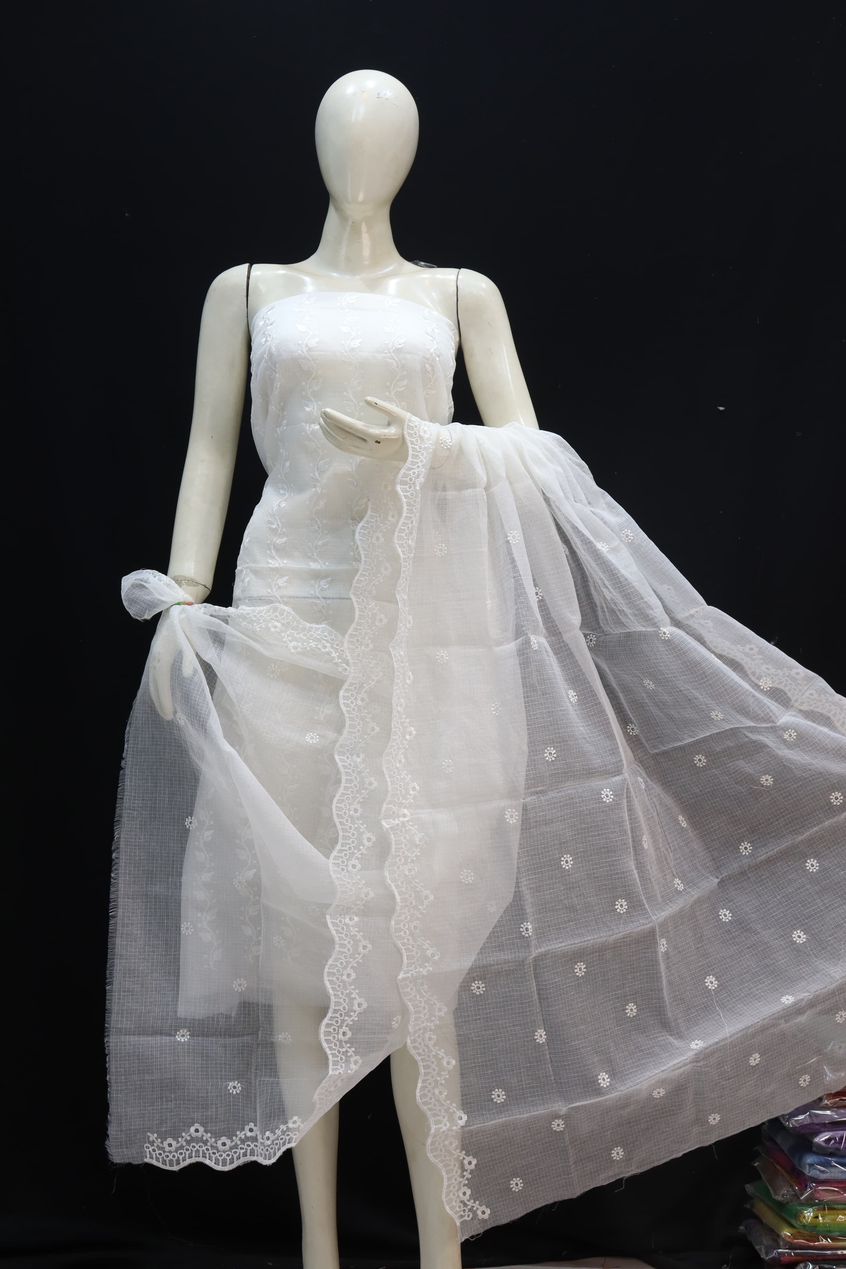 White Base Yellow Thread Kota Doria Embroidery Dupatta main image 1