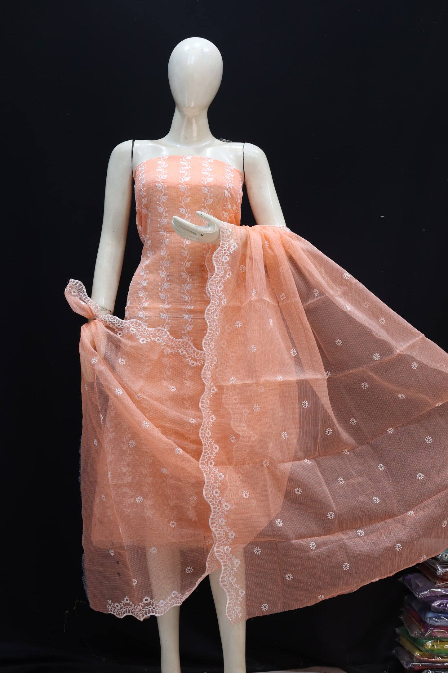 Peach Base White Bell Chikankari Embroidery Kota Doria Dress Material