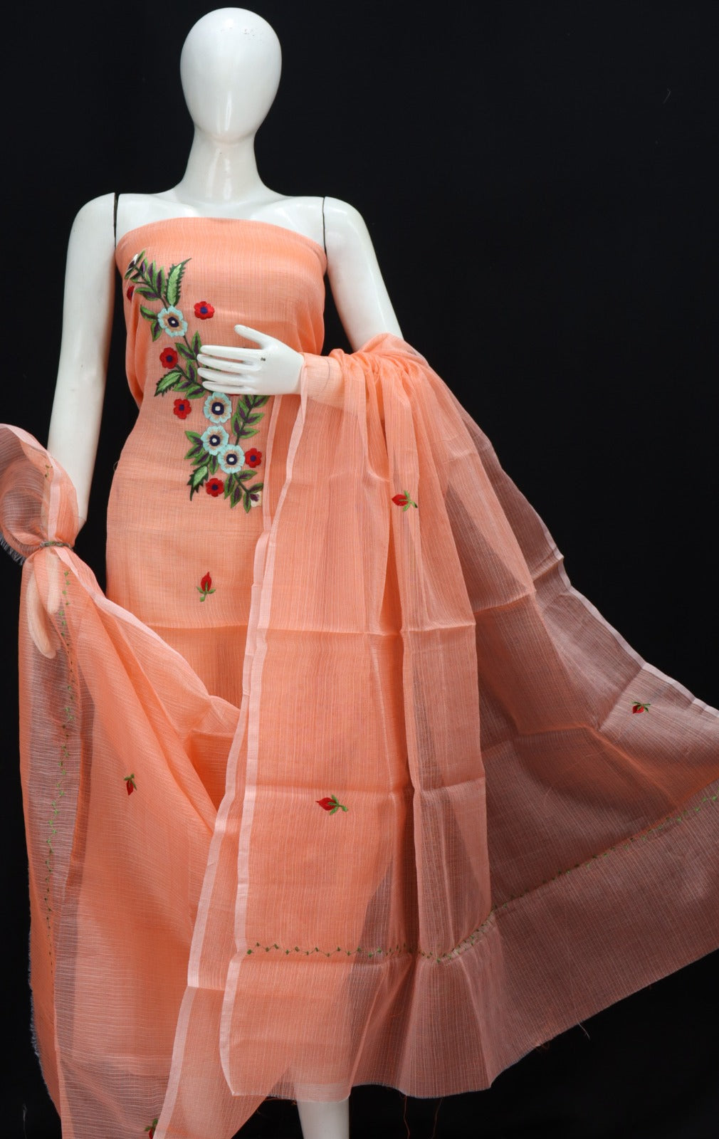 Multi Color Floral Cotton Kota Doria Embroidery Dress Materials   Kotadoriaworld