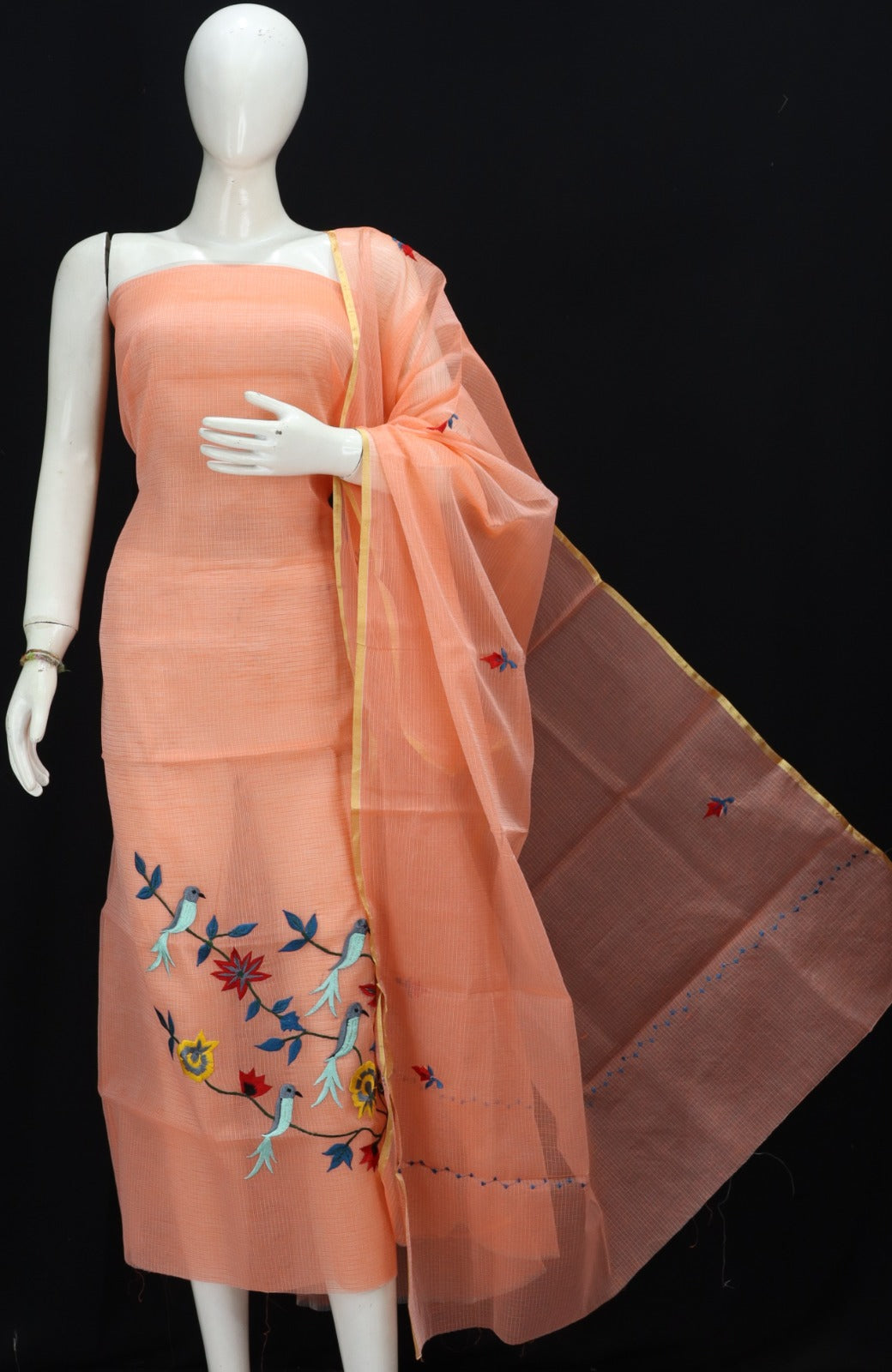 Multi Color Floral Cotton Kota Doria Embroidery Dress Materials