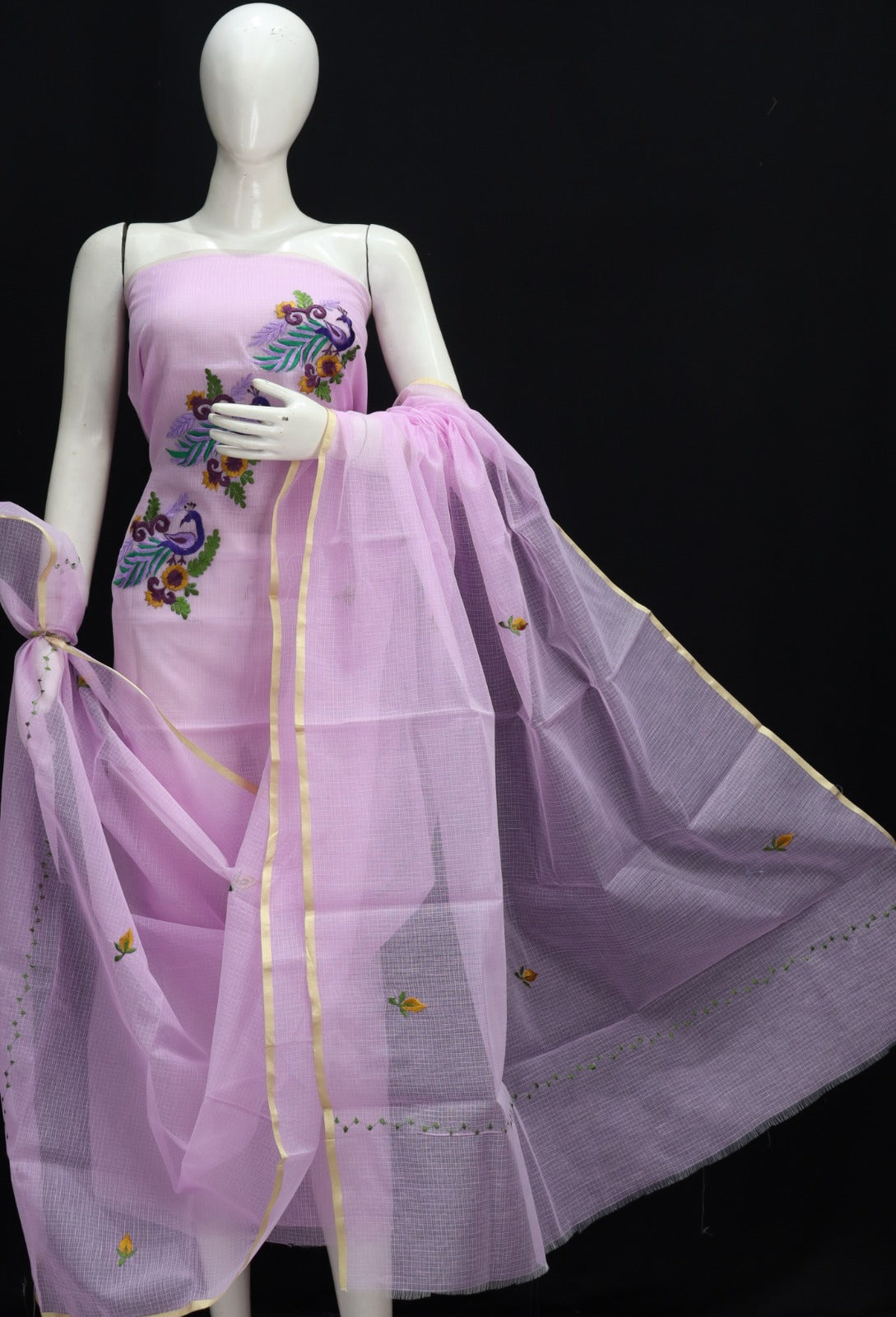 Multi Color Floral Cotton Kota Doria Embroidery Dress Materials