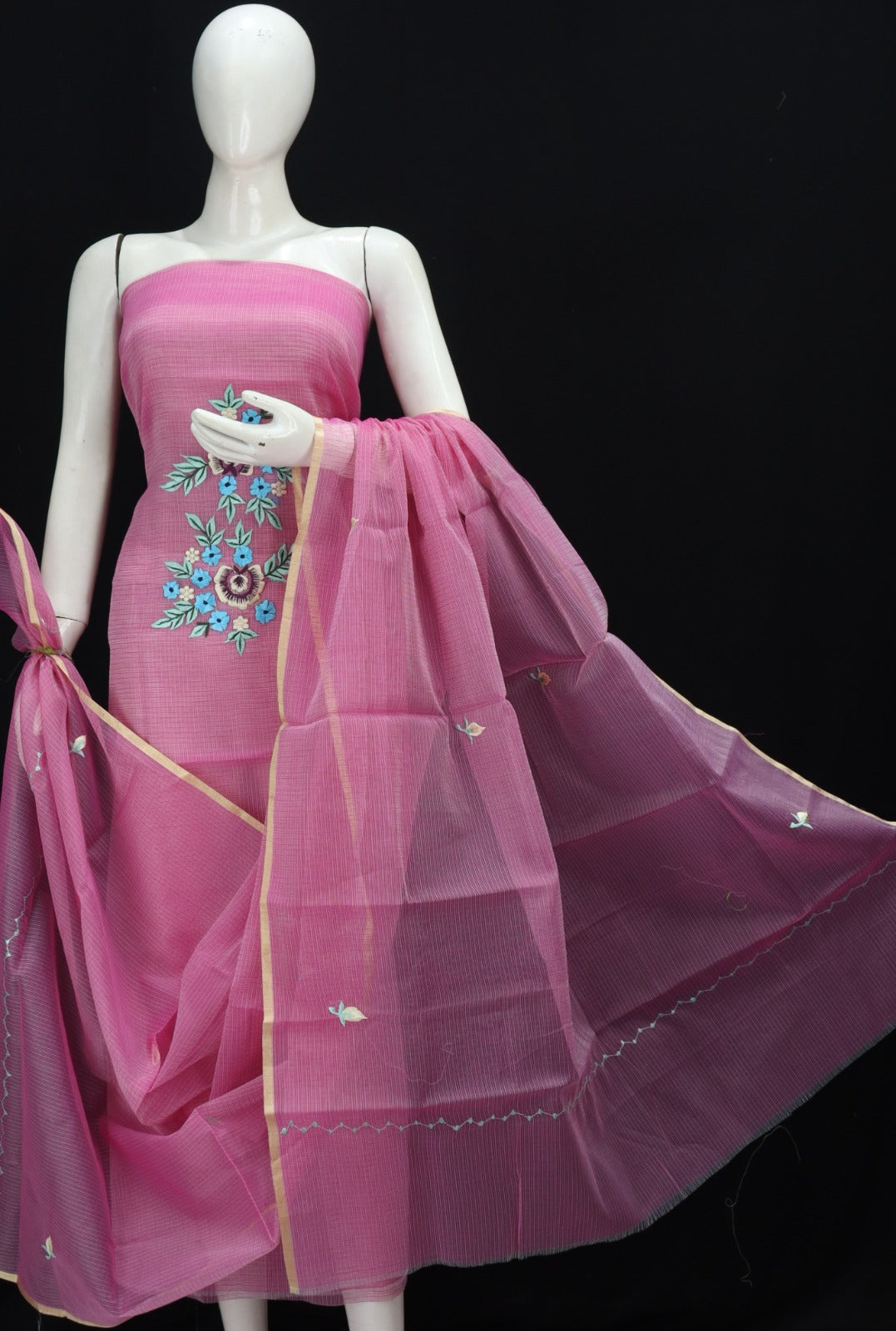 Multi Color Floral Cotton Kota Doria Embroidery Dress Materials