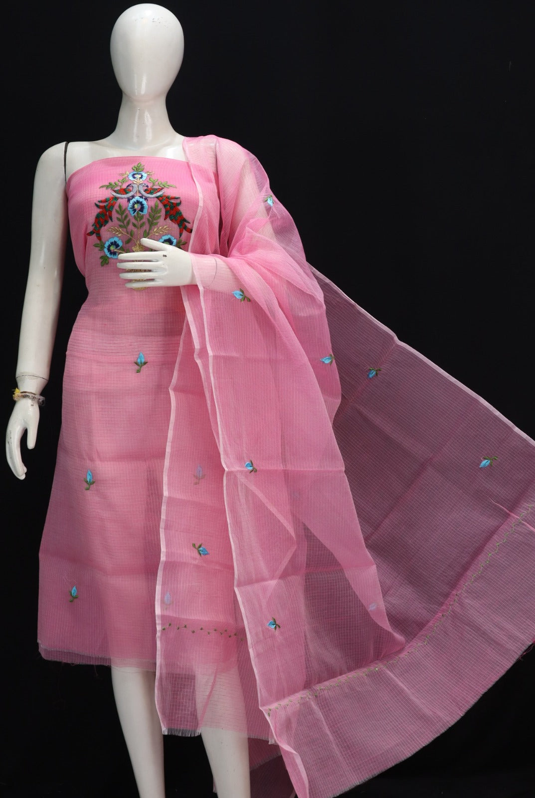 Multi Color Floral Cotton Kota Doria Embroidery Dress Materials