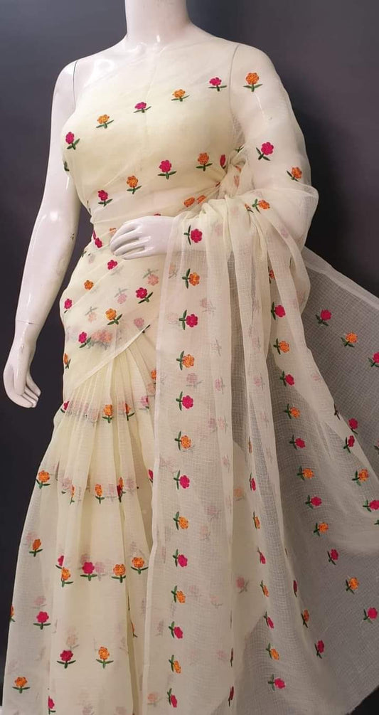 Skin Kota Doria Saree in Embroidery Work