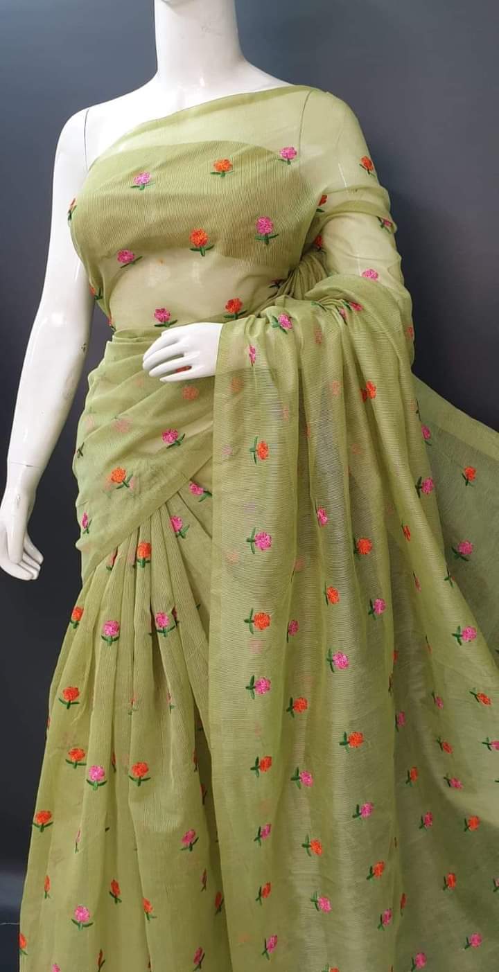 Green Kota Doria Saree in Embroidery Work