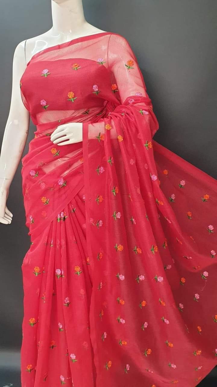 Red Kota Doria Saree in Embroidery Work