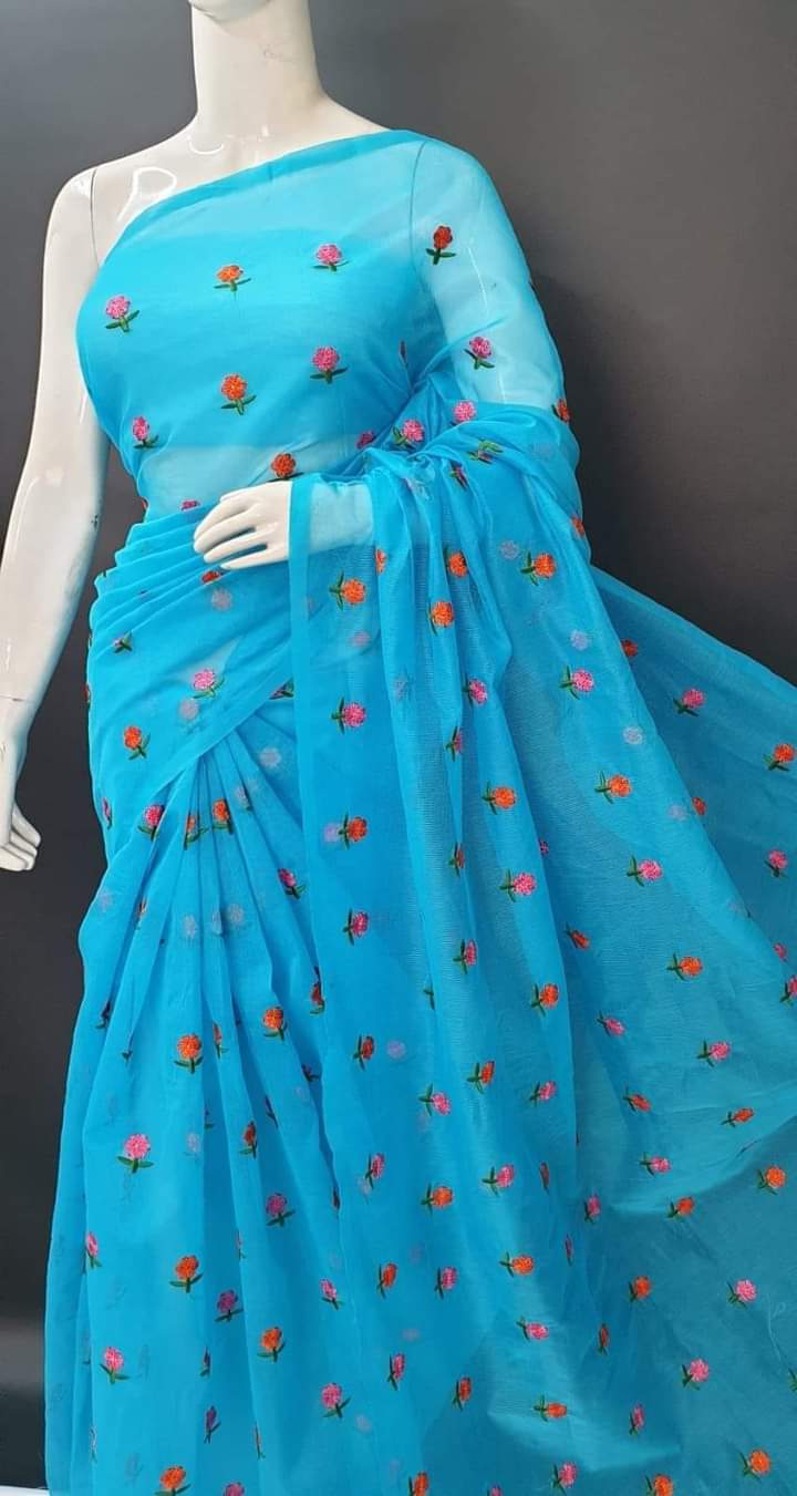 Sky Blue Kota Doria Saree in Embroidery Work