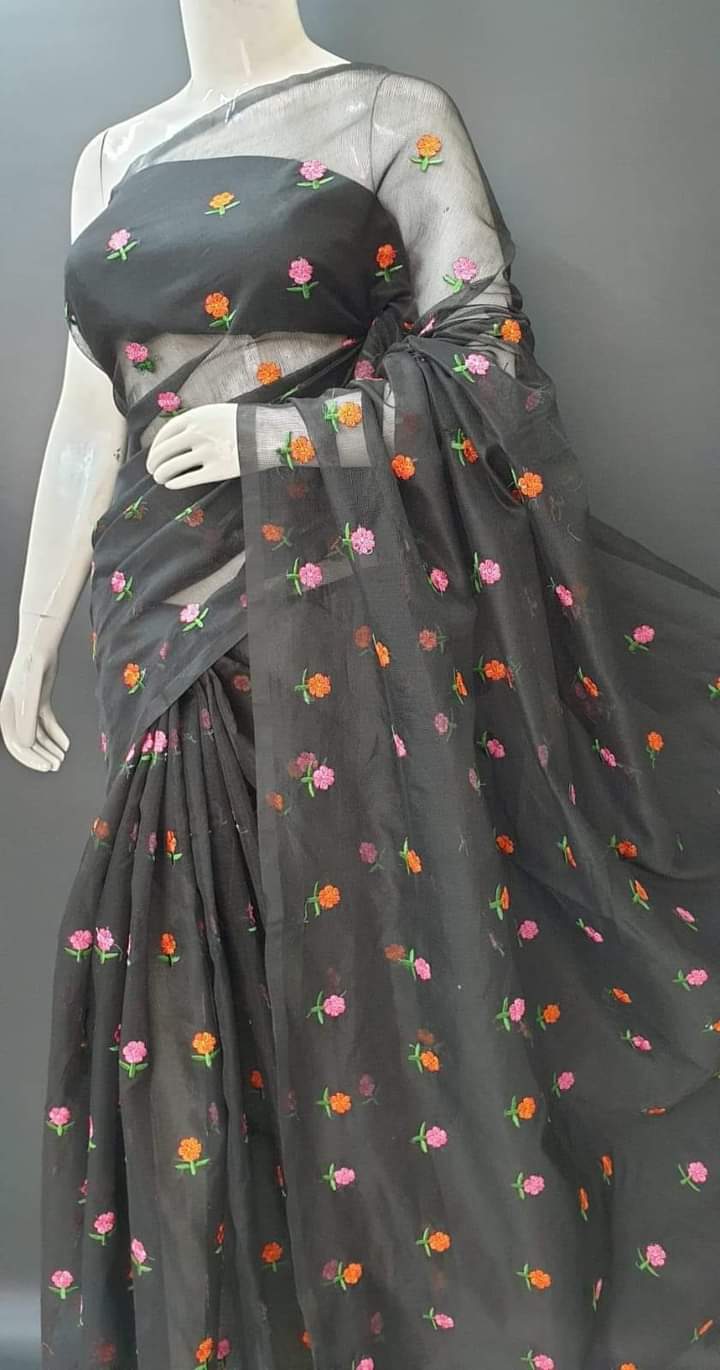 Black Kota Doria Saree in Embroidery Work