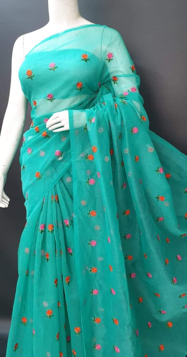 Sea Green Kota Doria Saree in Embroidery Work