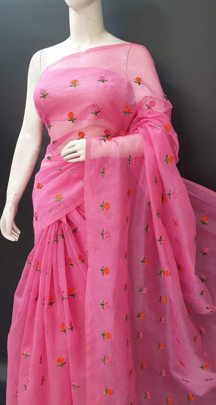 Pink Kota Doria Saree in Embroidery Work
