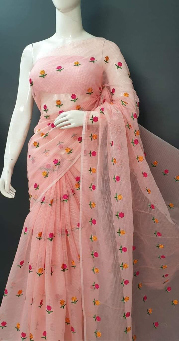 Peach Kota Doria Saree in Embroidery Work