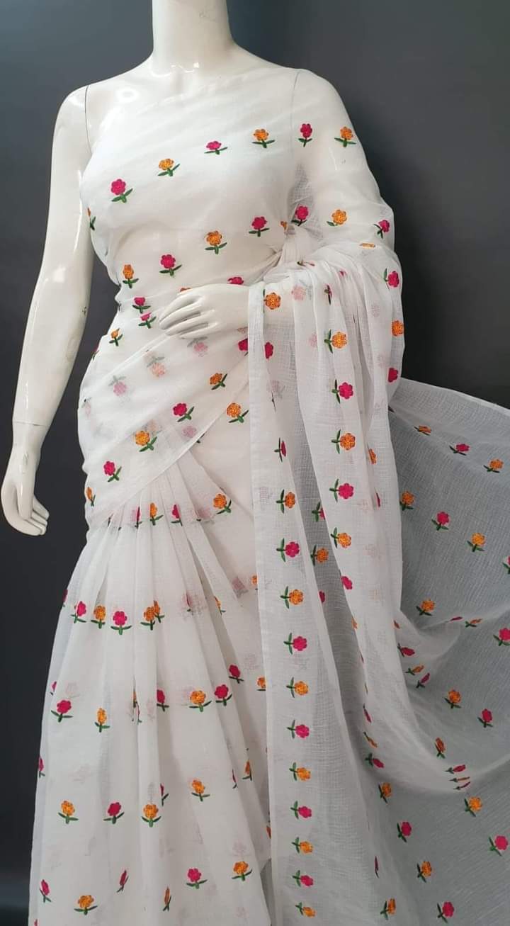 White Kota Doria Saree in Embroidery Work