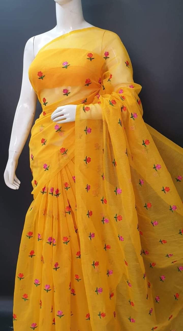 Yellow Kota Doria Saree in Embroidery Work