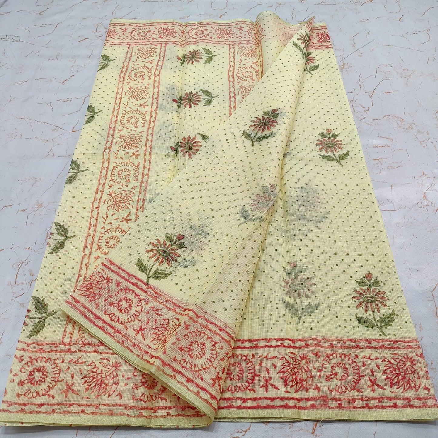 Kota Doria Block Printed Cotton Saree With Blouse