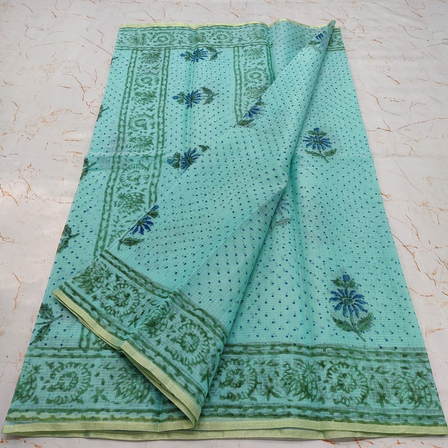 Kota Doria Block Printed Cotton Saree With Blouse