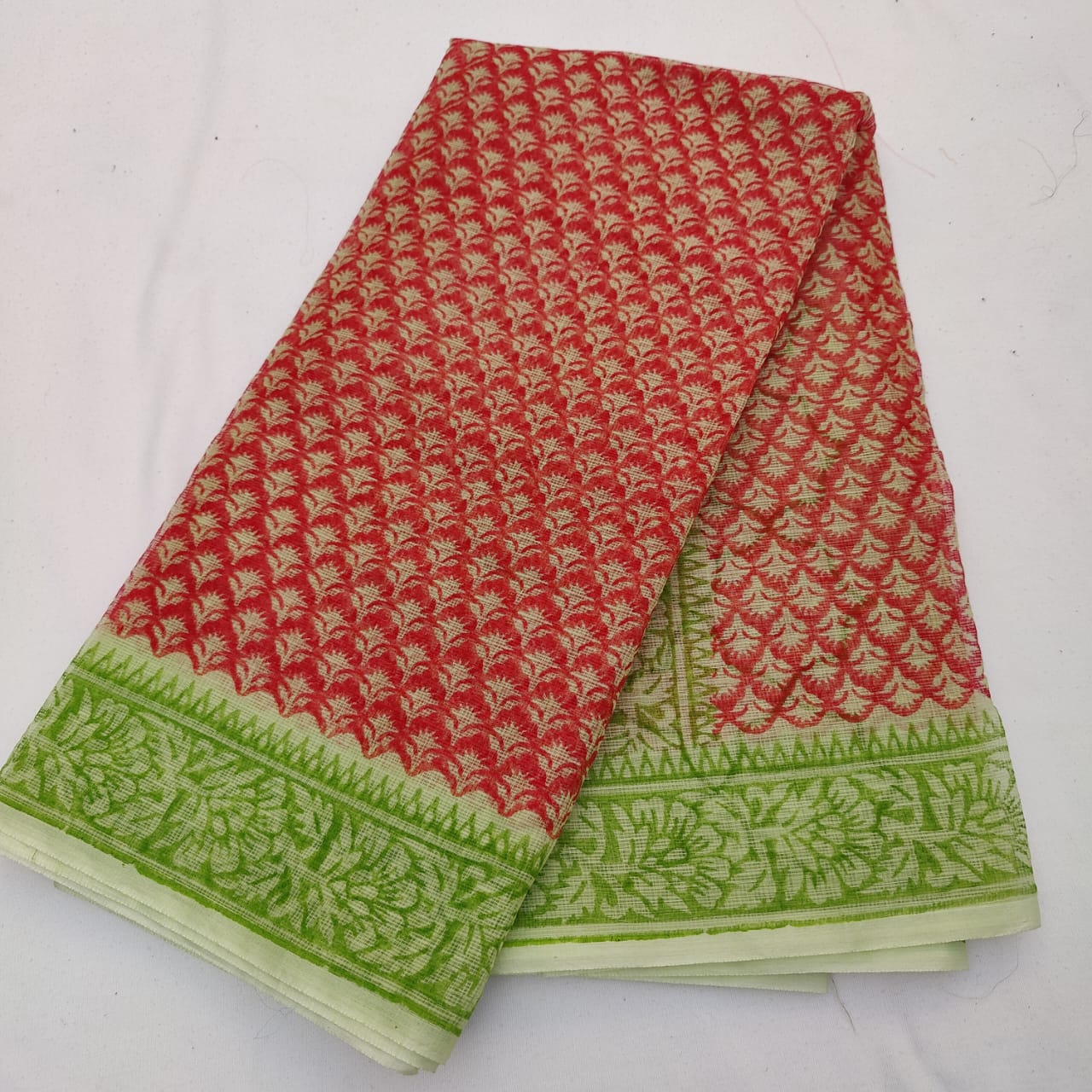Red Kota Doria Block Printed Cotton Saree With Blouse