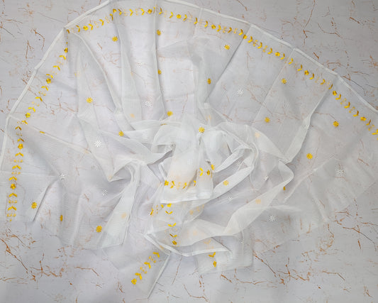 White Base Yellow Thread Kota Doria Embroidery Dupatta