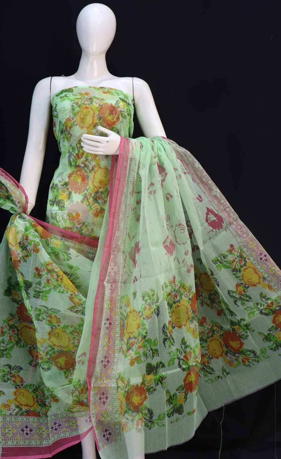 Fully Classic Light Green Base Unique Cluster Flower Printed Kota Doria Suit