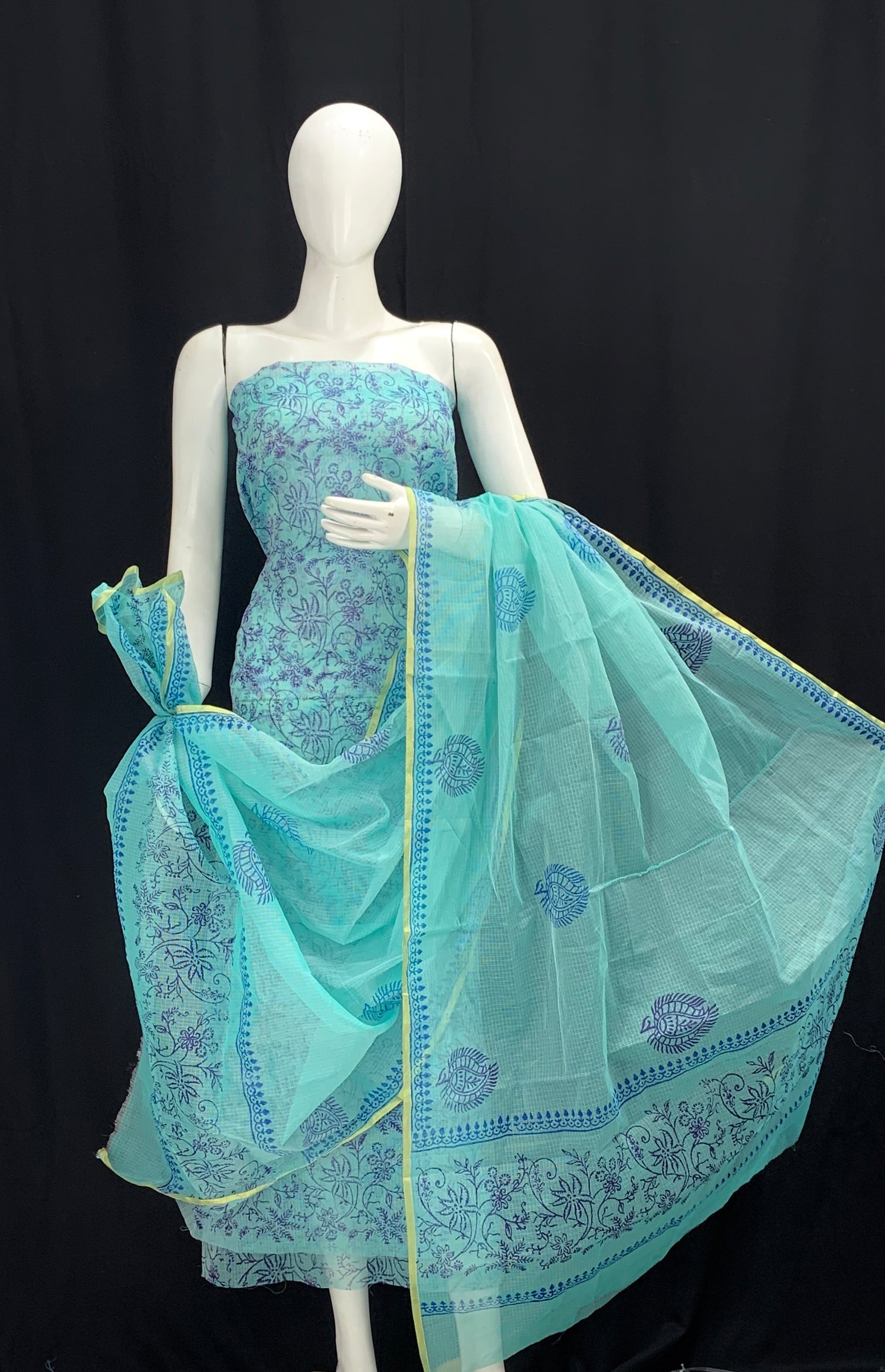Kota Doria Block Print Suits/Unstitched Dress Materials