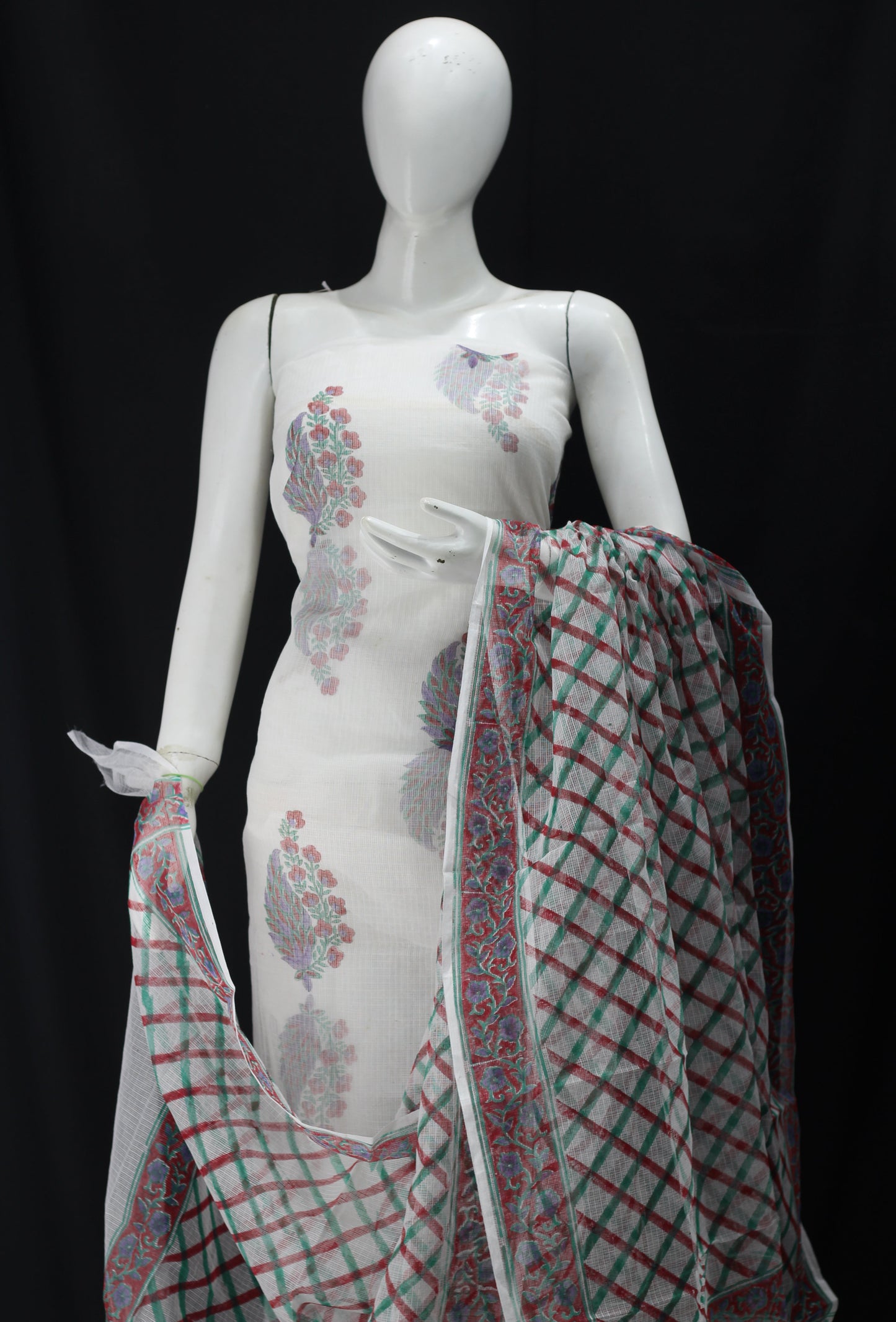 Mehndi Handblock Printed Cotton Kota Doria un-stitched Suit With Dupatta