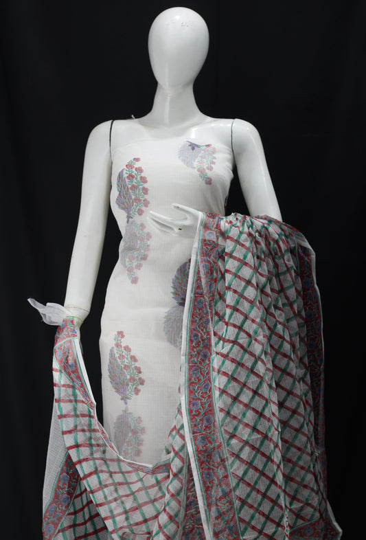Mehndi Handblock Printed Cotton Kota Doria un-stitched Suit With Dupatta