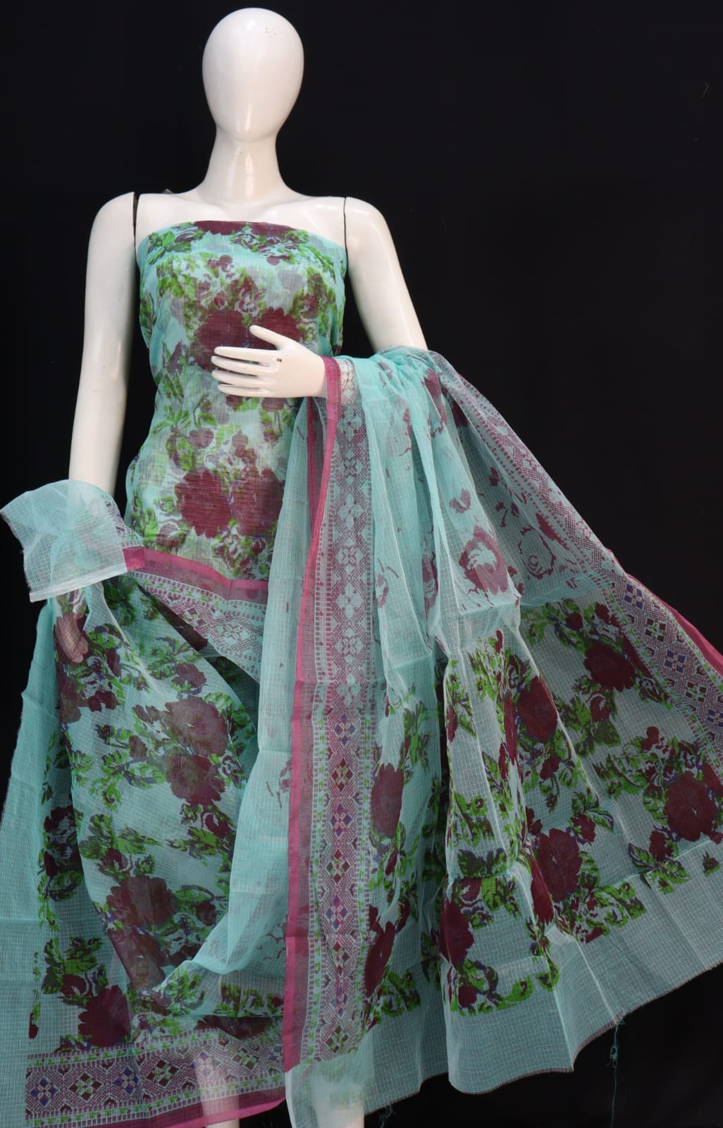 Fully Unique Blue Base Classic Cluster Flower Printed Kota Doria Suit