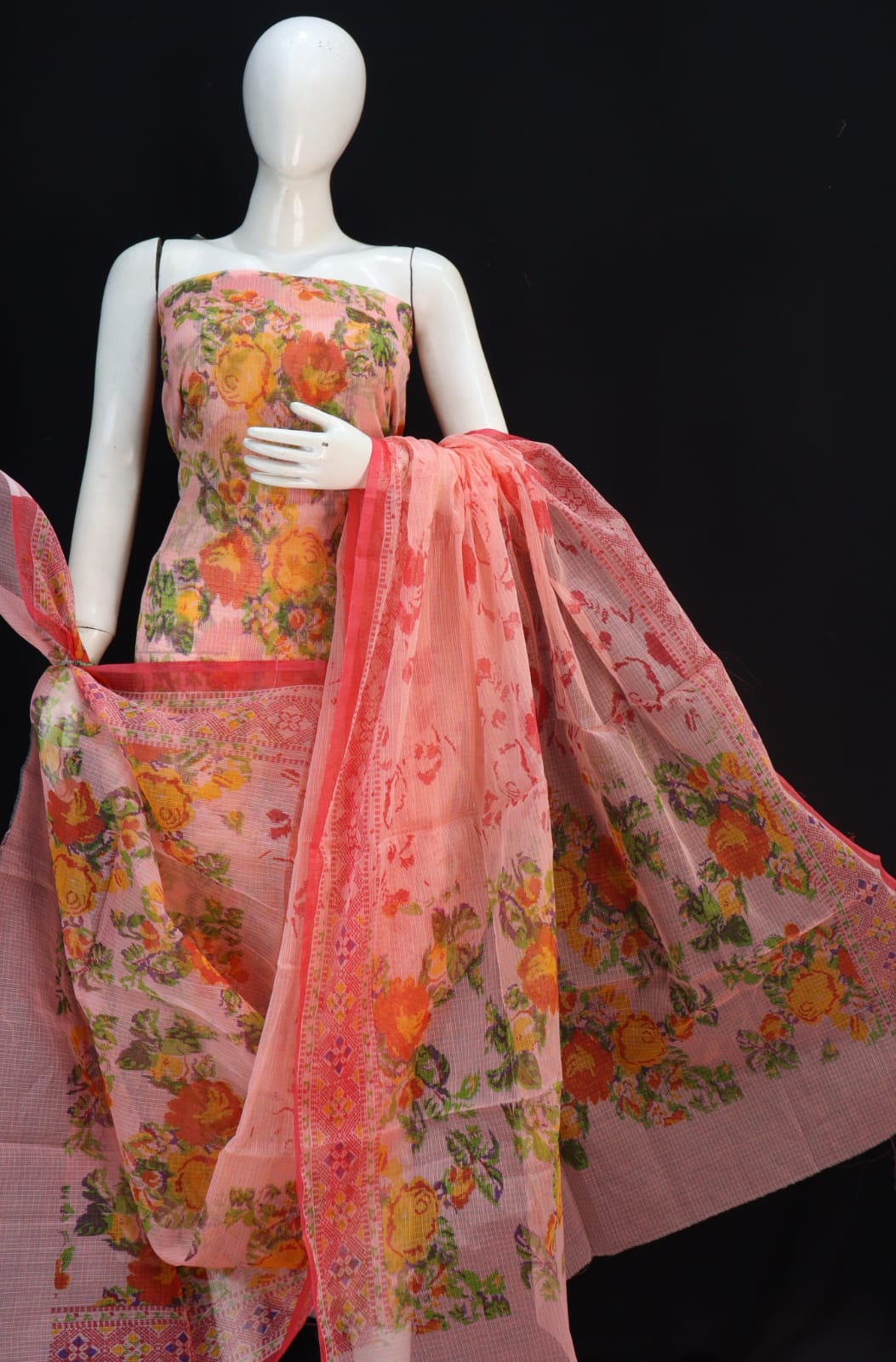 Fully Unique Orange Base Classic Cluster Flower Printed Kota Doria Suit