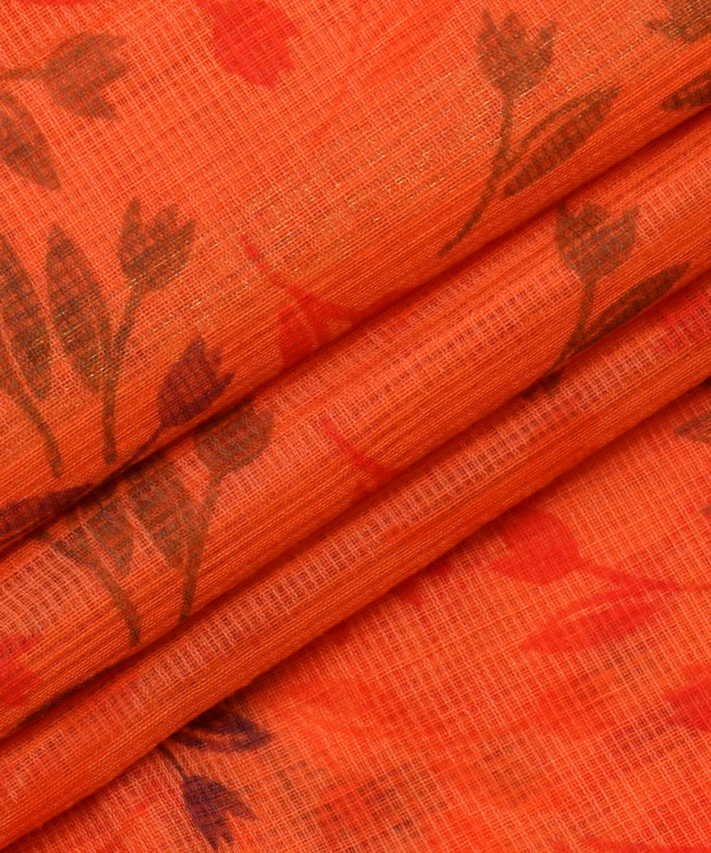 Leaves Prints Orange Cotton Kotadoria Saree With Blouse
