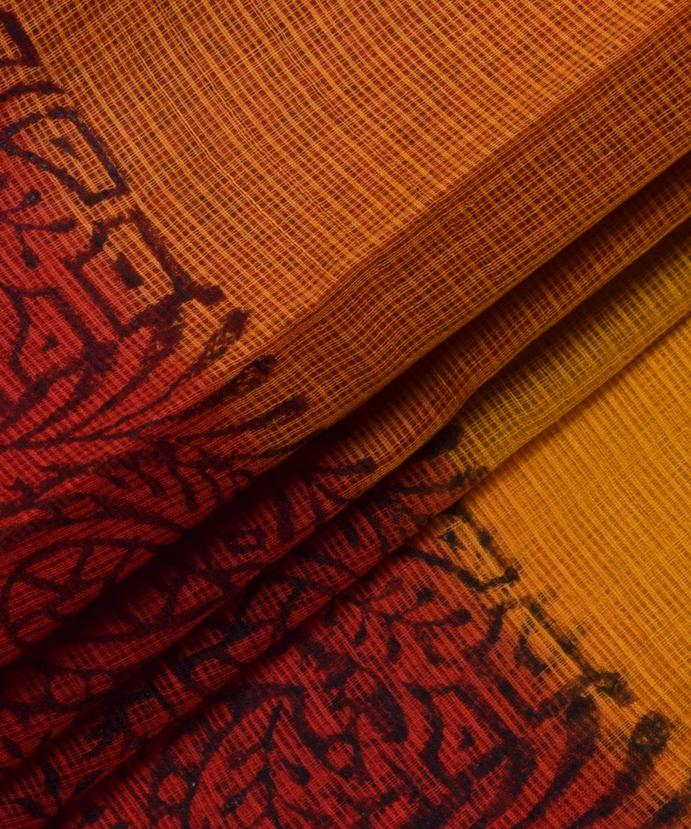 Pure Cotton Orange & Green Floral Print Kotadoria Saree