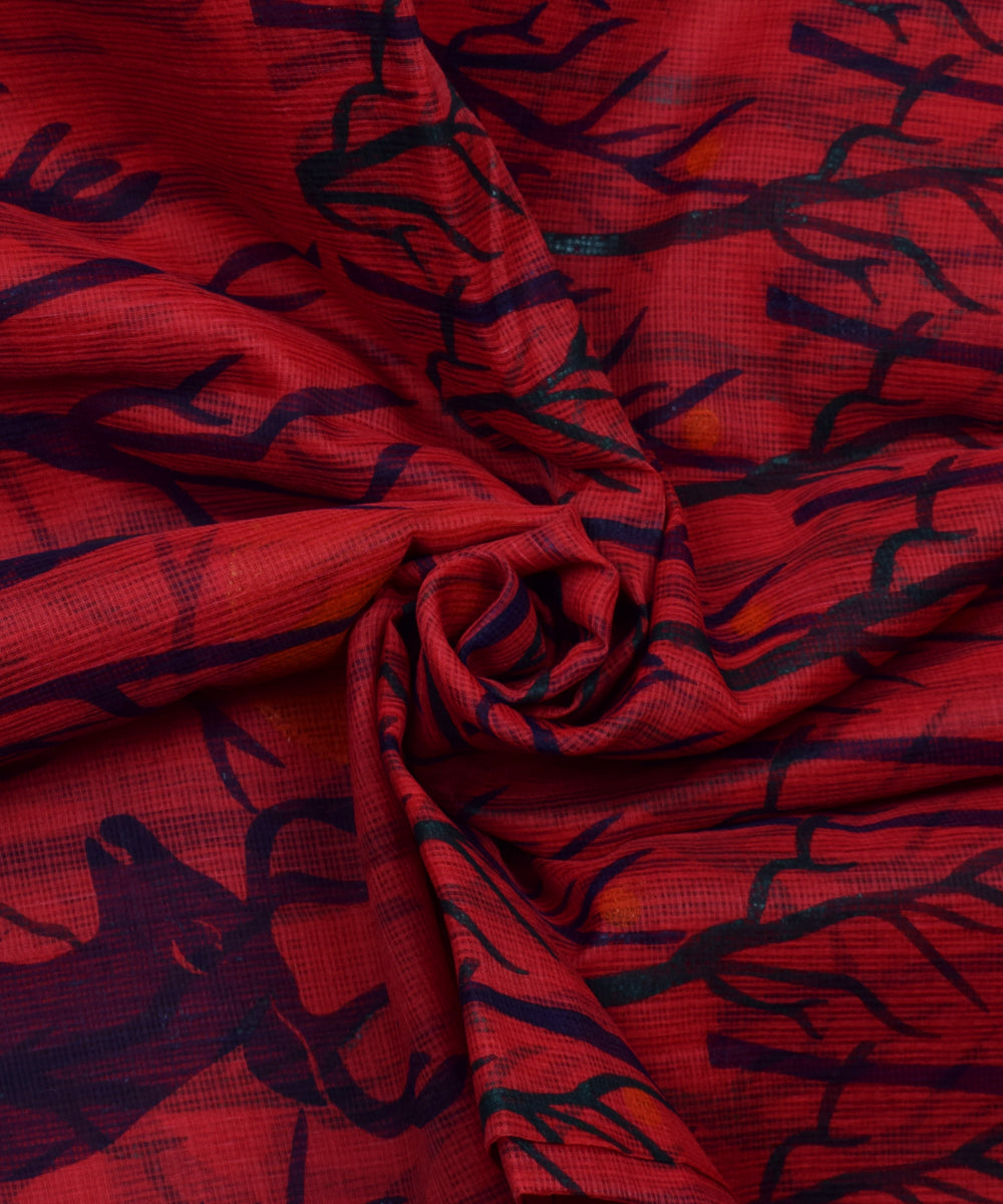 Red Blue Cotton Shark Print Kotadoria Saree With Blouse