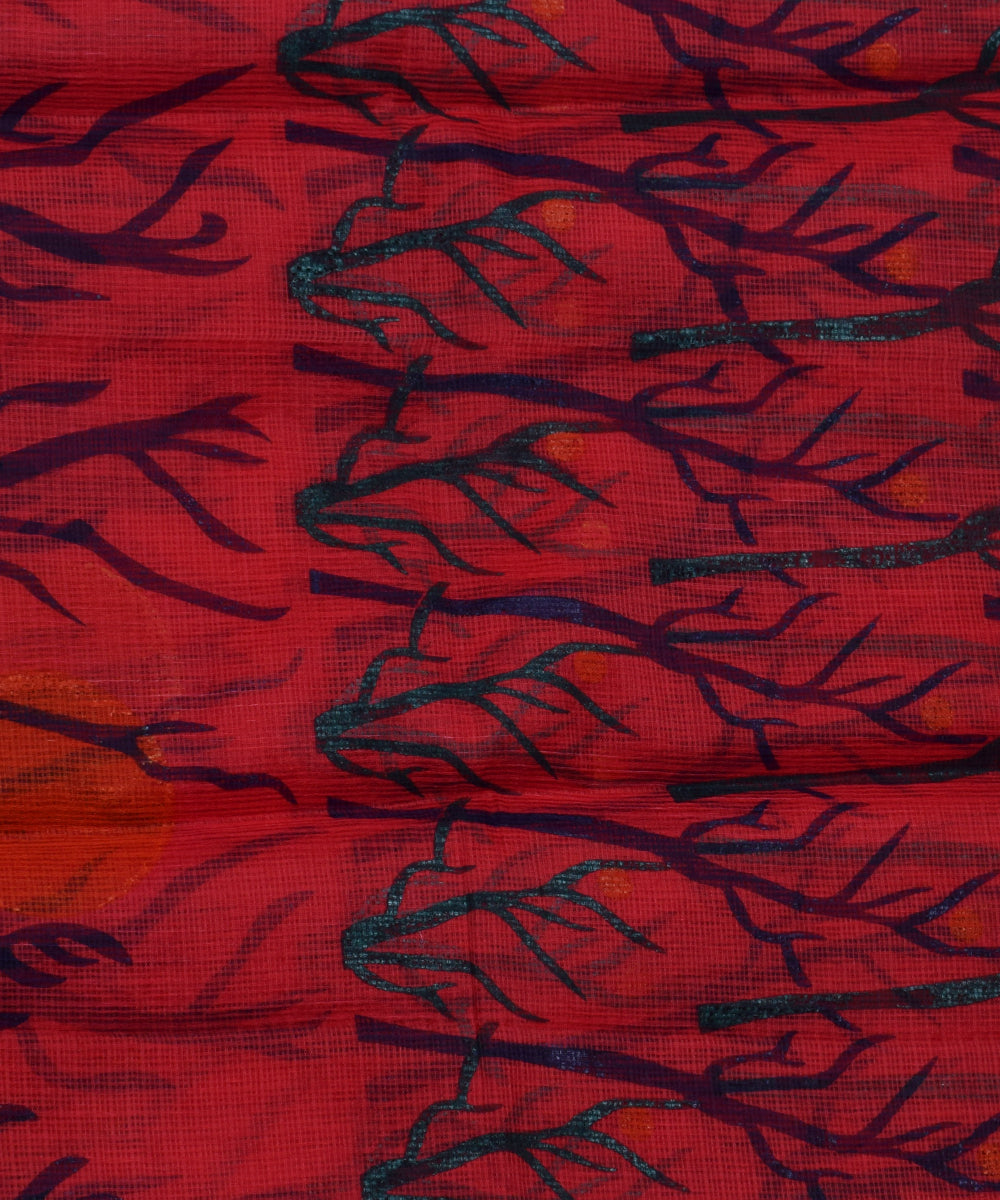 Red Blue Cotton Shark Print Kotadoria Saree With Blouse