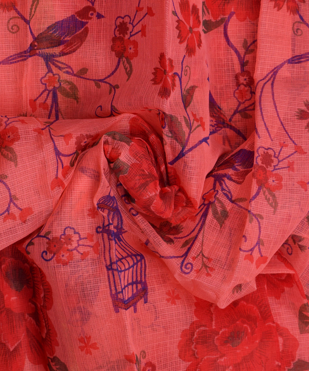 Red Floral Print Zari Border Kotadoria Cotton Saree With Blouse