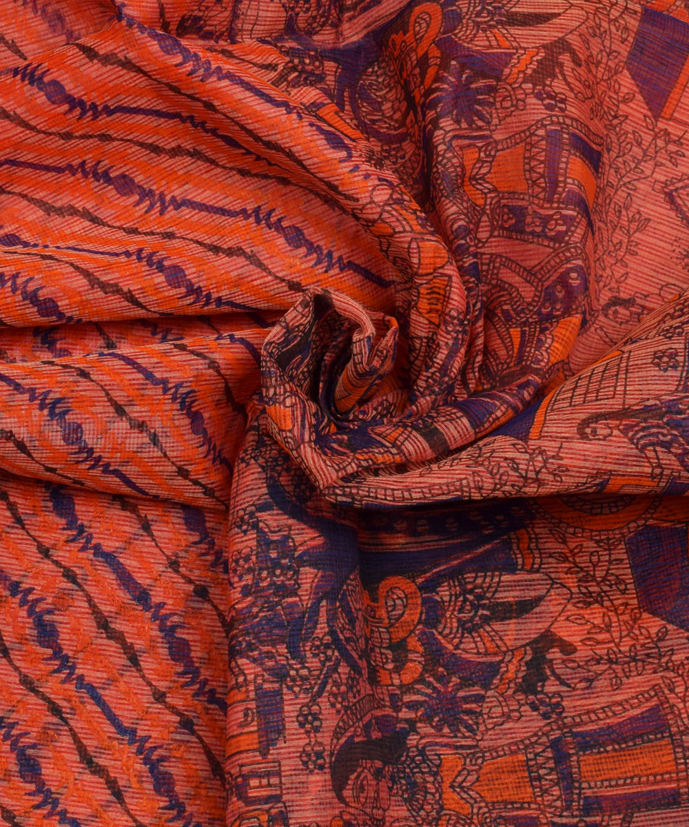 Baarat Print Orange Zari Border Cotton Kotadoria saree With Blouse