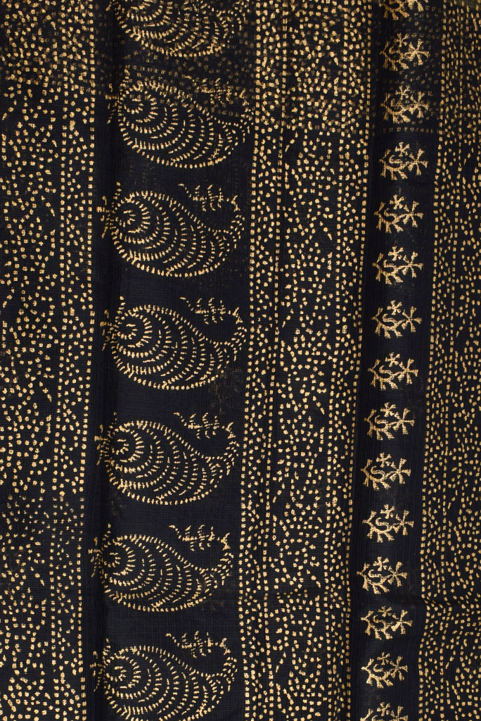Black Fully Golden Print Zari Border KotaDoria Cotton Saree With Blouse