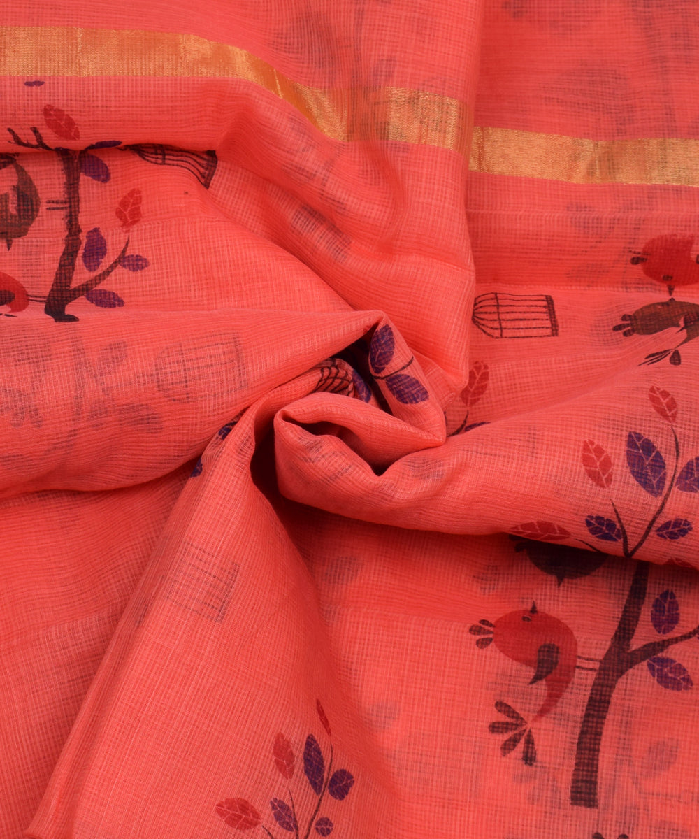 Bird Print Zari Border KotaDoria Cotton Saree With Blouse