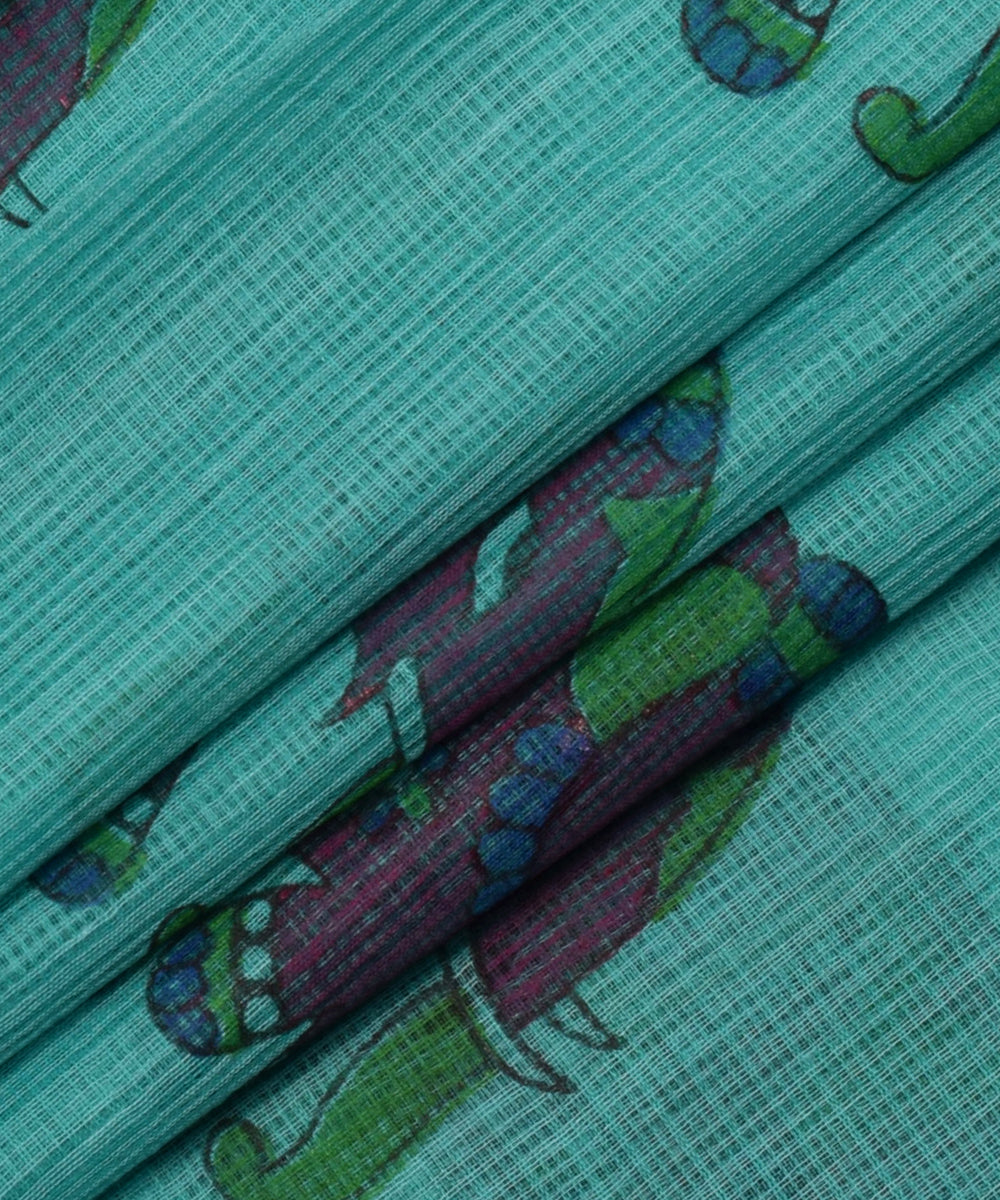 Sky Blue Elephant Block Print Cotton  Kota doria Saree Zari Border With Blouse