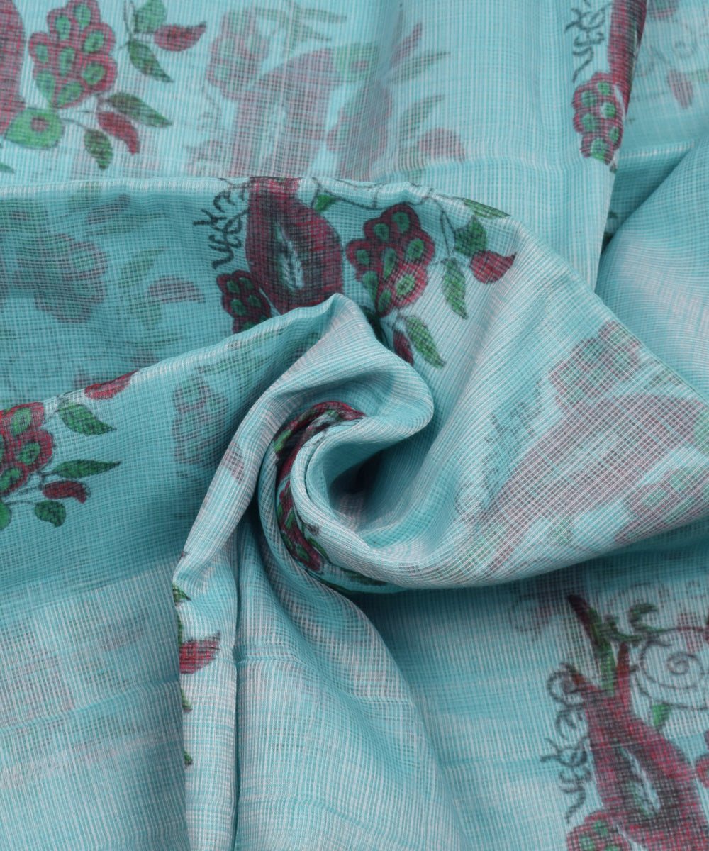 Sky Blue Bird Print Zari Border Kotadoria Cotton Saree With Blouse