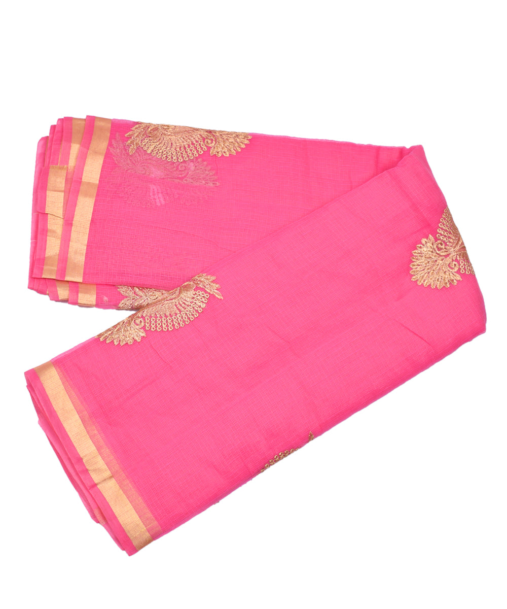 Pink Embroidery Golden Work Zari Border Cotton Kota Doria Saree With Blouse