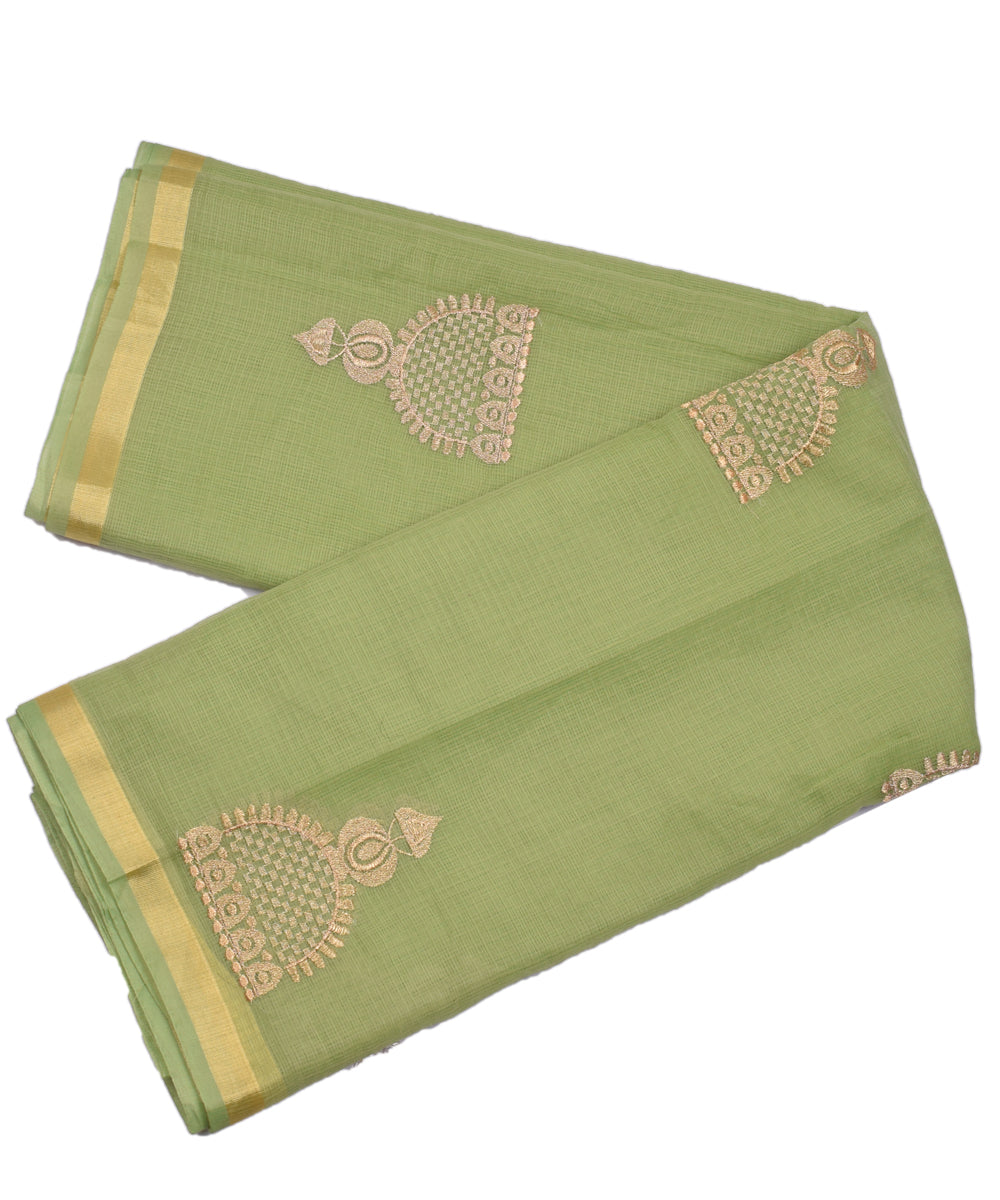 Light Green Embroidery Golden Work Zari Border KotaDoria Cotton Saree With Blouse